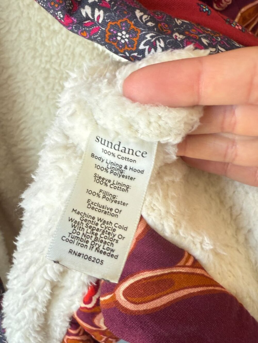 Sundance Linnea Robe Jacket Patchwork Sherpa Lined Boho Multicolor Floral Hooded - Picture 8 of 8